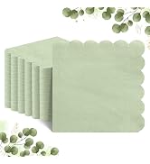 Stack of mint green paper napkins with scalloped edges, featuring a decorative eucalyptus leaf pattern border.