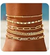 Gokeey Ankle Bracelets for Women, 14k Gold Jewelry Set Waterproof Layered Cuban Figaro Link Chain...