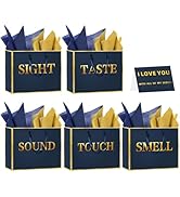 5 Senses Gift Bags for Him Her with Labels, Handles & Tissue Paper - Gold Foil Five Senses Gift B...