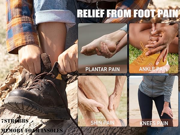 Memory foam insoles advertisement showing multiple panels highlighting foot pain relief for plantar, ankle, shin, and knee conditions.