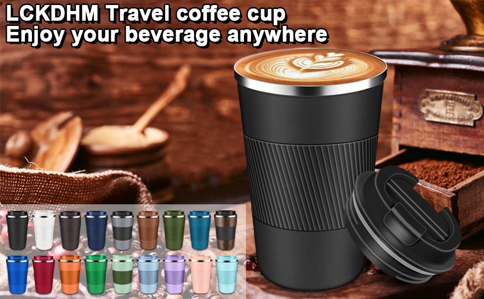 A black coffee cup was placed on the solid wood table