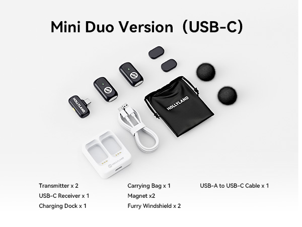 Text reads 'Mini Duo Version (USB-C)'. Product layout showing various black and white electronic components and adapters with USB-C connectivity.