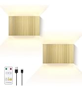 Folux Battery Operated Modern Metal Pleated Wall Sconce Set of 2 Gold, Stepless Dimming Magnetic ...