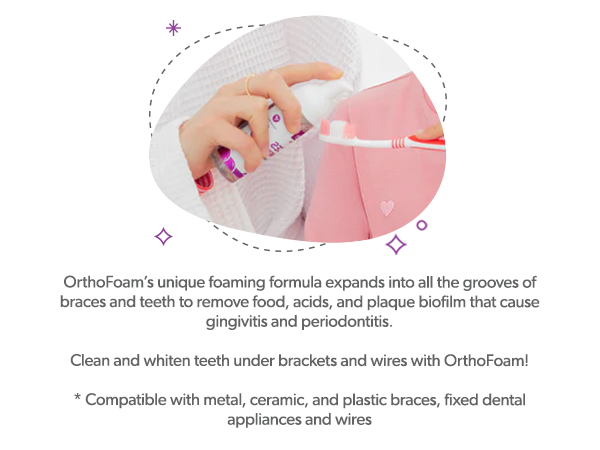 Clean and whiten teeth under brackets and wires with OrthoFoam!