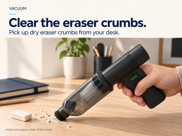 Mini desk vacuum picking up dry eraser crumbs from a wooden desktop with a brush attachment