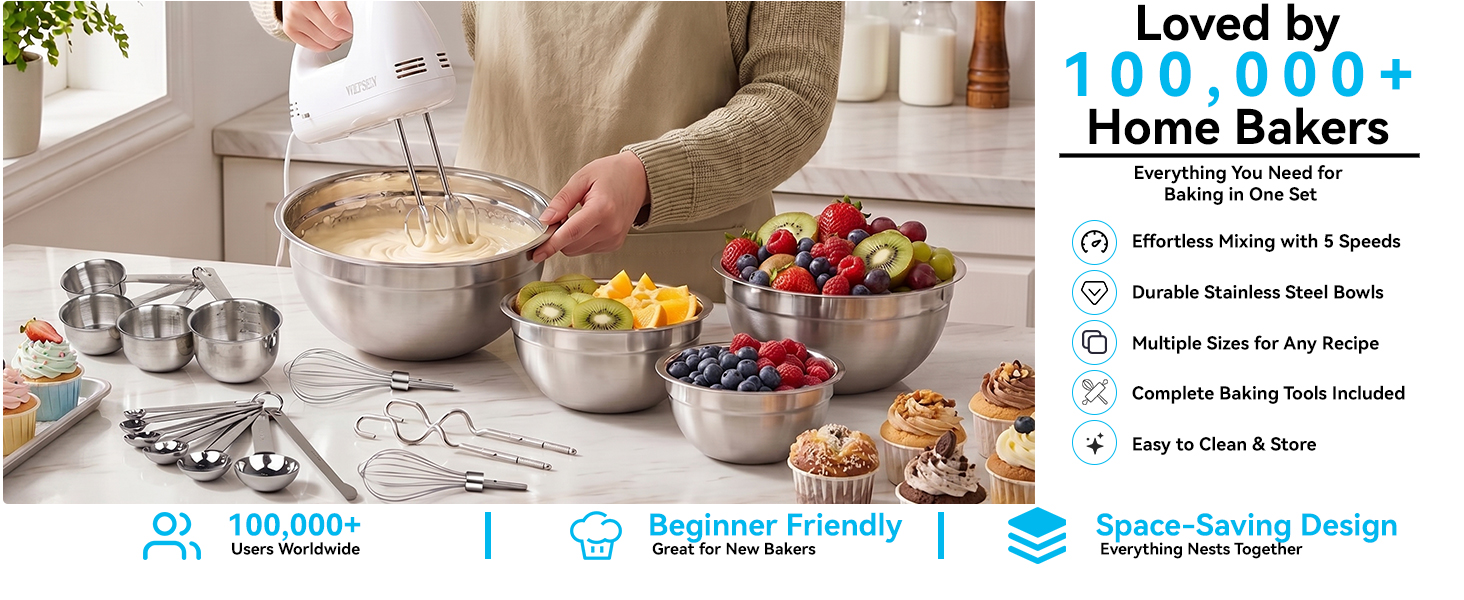 WEPSEN Hand Mixer Electric Mixing Bowls Set,Loved by 150,000+ Home Bakers