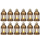LLQ 12Pcs Mini Lantern with Flickering LED Tea Light, Battery Included, Vintage Brown Lanterns De...