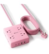 SUPERDANNY Pink Extension Cord 10Ft, Flat Plug Power Strip Surge Protector | 8 Outlets & 4 USB Po...