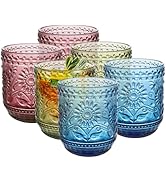 Topsky Vintage Colored Glassware Set of 6,12 oz Green Sunflower Drinking Glasses Set,Blue Drinkwa...