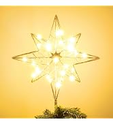 hogardeck Christmas Tree Topper, 11 Inches Lighted Gold Glittered 8-Point Star Tree Topper, 30 LE...