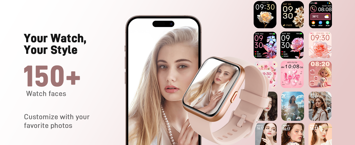 Smartwatch with customizable watch faces displayed on smartphone and watch. Over 150 design options shown, including floral, abstract, and photo-based faces.
