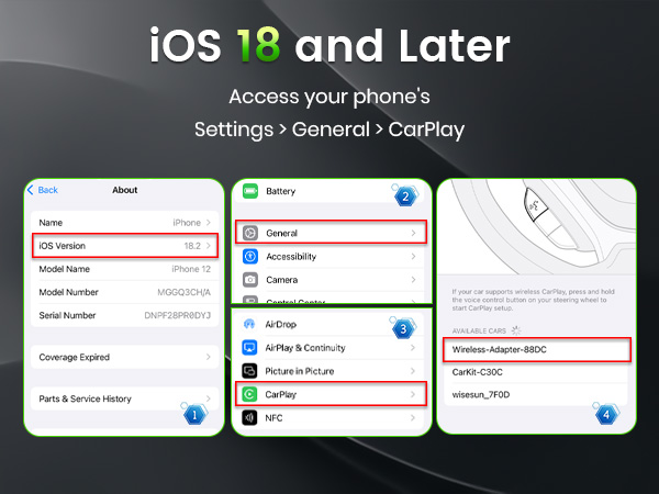 Wireless CarPlay adapter guides iOS users to check CarPlay settings before setup.