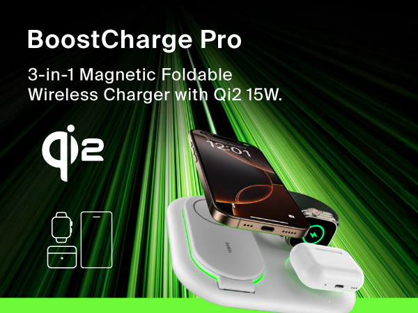 Image of belkin foldable 3-in-1 charger with text reading boostcharge pro.