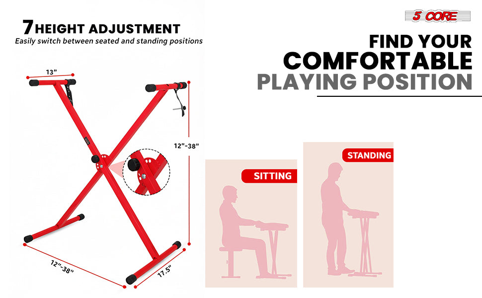 5Core Keyboard Stand X Shape Adjustable Foldable Piano Stand w Locking Strap