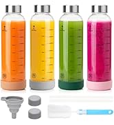 Zukro Glass Water Bottles with Lids 18 oz, 4 Pack Reusable Clear Juice Bottles With Stainless Ste...