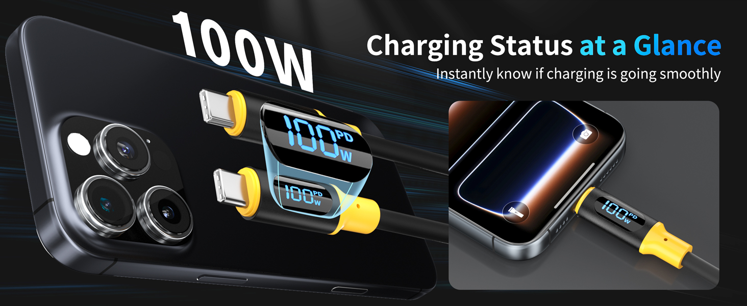 100W USB C to USB C Cable with LED Charging Power Display
