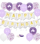 Happy Birthday Banner, Purple Birthday Decoration, 16 Pcs 12in Balloons with 2 Ribbons for Men Wo...