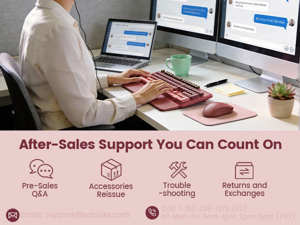 Customer using pink wireless keyboard mouse combo at desk if any issue contact Sablute support