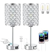 Table Lamps for Bedroom Set of 2-Crystal Table Lamp with USB C+A Ports & AC Outlet Sliver Nightst...