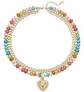 GINAZL Natural Stone Beaded Layered Necklaces for Women, 14K Gold Plated Heart Pendant,Chunky Col...