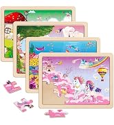 SYNARRY Large Unicorn Mermaid Princess Fairy Wooden Kids Puzzles 4 in 1 Gift Box(12.2*9.4 in) - F...