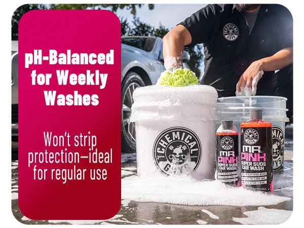 Professional auto shampoo producing rich suds; safe on ceramic coatings, waxed, and sealed surfaces