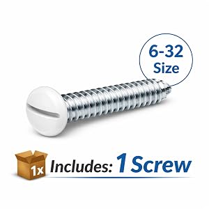 White 6-32 machine screw slotted head close-up, hardware size label 6-32, includes 1 screw