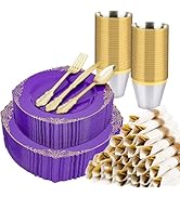 realluck 350 PCS Purple and Gold Plastic Plates, Plastic Dinnerware Set for 50 Guests, 100 Dispos...