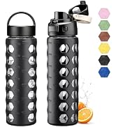 MUKOKO 24 oz Glass Water Bottle, Black, 1 Pack | 2 Lids, Straw Included, Silicone Sleeve, For Spo...