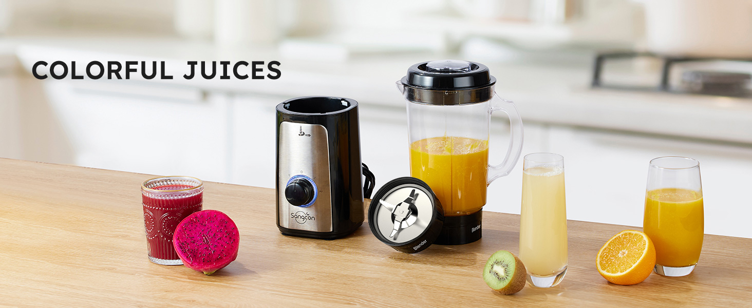 Blender with colorful fruit juices and fresh fruit on a kitchen counter.