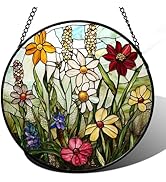 DASTOLL Stained Glass Window Hanging, Colorful Wildflowers Plant Scenery Suncatcher for Doors Win...