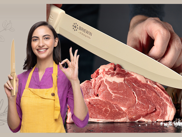 Slicing knife cutting raw steak, shown with smiling user holding kitchen knife confidently