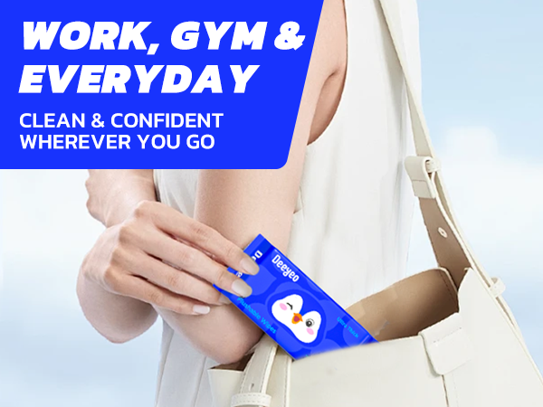 WORK, GYM & EVERYDAY, Keep a wipe in your bag, desk, or backpack for everyday confidence.