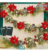 Juegoal 2 Pack Christmas Garland, 9' Pre-lit Artificial Xmas Flocked Garlands, Lighted Poinsettia...