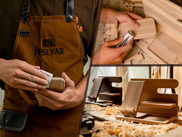 Woodworking scene with hands using a chisel on wood. Person wearing a brown apron labeled 'TESLYAR'. Various woodworking tools visible.