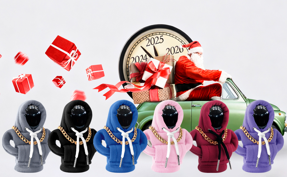 Collection of colorful plush or stuffed figures arranged in a row, with red gift boxes and clock imagery overlaid on right side.