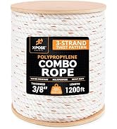 Xpose Safety 3-Strand Twisted Poly-DAC (Poly Dacron) Combo Rope – 3/8" x 1200' – Heavy-Duty UV-Co...