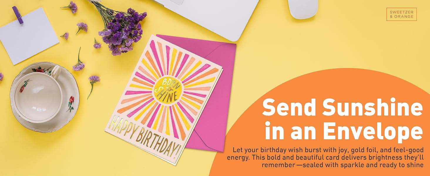 birthday card with sunshine design and gold foil | born to shine birthday card with pink