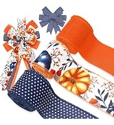 JarThenaAMCS 3 Roll Fall Wired Edge Ribbon 2.5 Inch & 2 inch Blue Orange Autumn Pumpkin Leaf Dots...