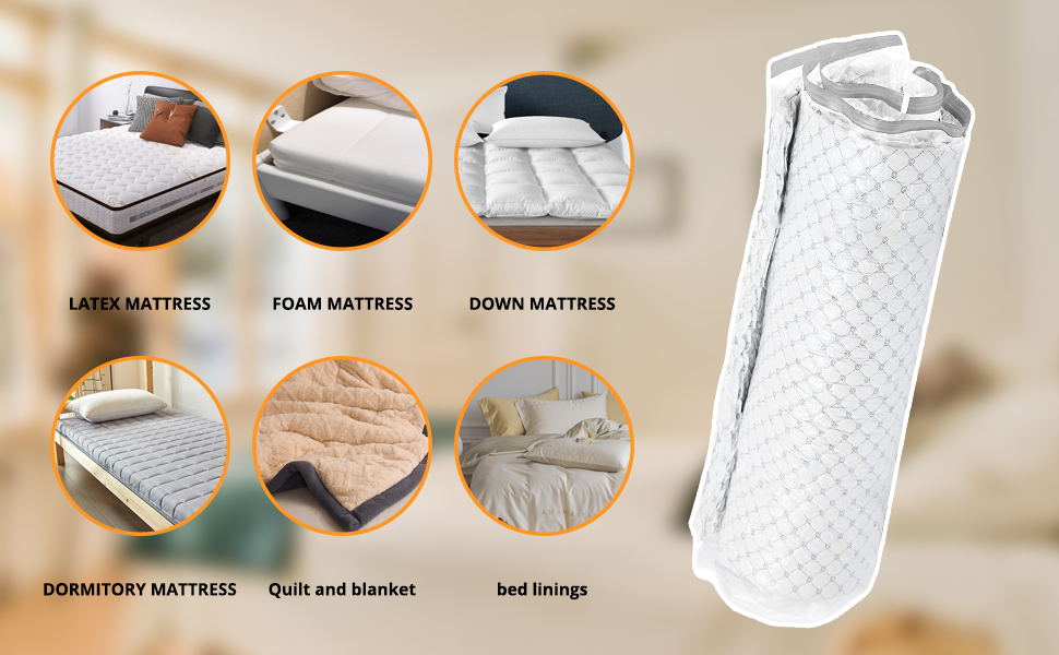 Various mattress types displayed in circular images, including latex, foam, and down, with a rolled mattress in packaging on the right.
