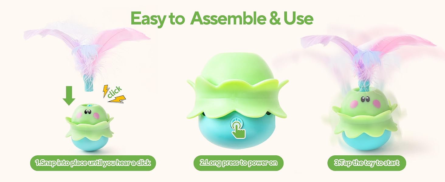 Text reads 'Easy to Assemble & Use'. Three-step illustration showing assembly of green and purple decorative light-up flower or plant device.