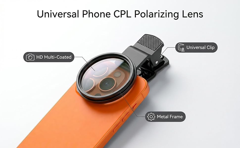 52mm clip-on CPL polarizing filter kit with universal phone clip, cleaning cloth and portable pouch