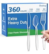 Dealusy 360 Count Extra Heavy Duty Clear Plastic Silverware, 150 Forks, 150 Spoons, 60 Knives, BP...