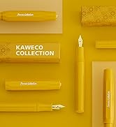 Kaweco Collection of writing instruments displayed on yellow background. Includes pens and product boxes in matching yellow color.