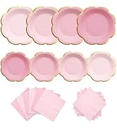 Pink Plates and Napkins Party Supplies for 20 Guests, Pink Scalloped Paper Plates with Gold Rim, ...