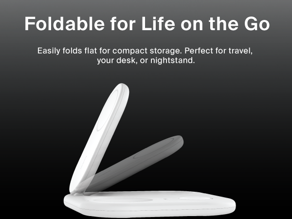 Image of charger station folding with text reading foldable for life on the go.