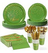 OuMuaMua Disposable Green Paper Plates Party Supplies for 24 Guests, 168 Pcs Green and Gold Party...