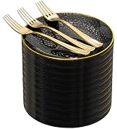 DaYammi 240Pcs Black Plastic Plates Including 120Pcs Black Dessert Plates and 120Pcs Gold Forks,H...