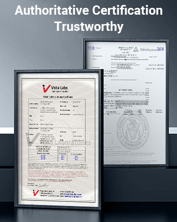 Two framed certificates displayed against a grey background. Text above reads 'Authoritative Certification Trustworthy'. Certificates contain official-looking seals and signatures.