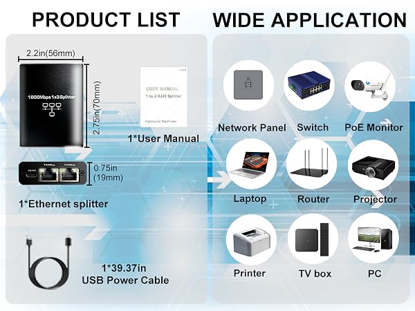 Gigabit Ethernet Splitter 1 to 2 High Speed, 1000Mbps Internet Splitter